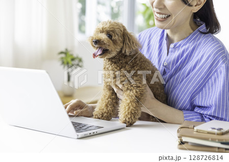 テレワーク　飼い主さんに抱っこされている犬 128726814
