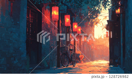 中国の情緒的な路地：提灯が彩る胡同の夕景 128726982