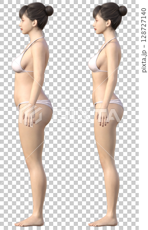 節食前後對比。胖女人和瘦女人的側面對比,3D模型 節食前後對比。胖女人和瘦女人的側面對比,3D模型 128727140