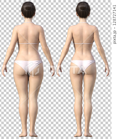 節食前後對比圖。胖女人和瘦女人背部全身對比圖。 3D模型。 128727141