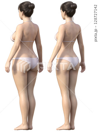 ダイエットのビフォーアフター 太った女性と痩せた女性の全身斜め後ろ向きの比較イラスト 3Dモデル 128727142
