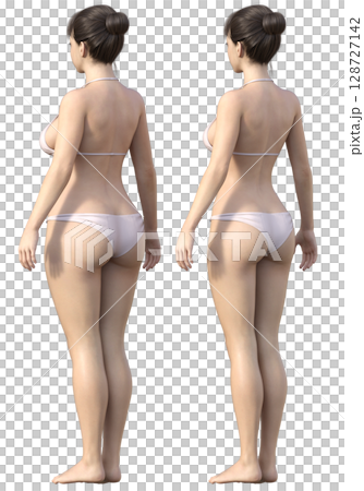 ダイエットのビフォーアフター 太った女性と痩せた女性の全身斜め後ろ向きの比較イラスト 3Dモデル 128727142