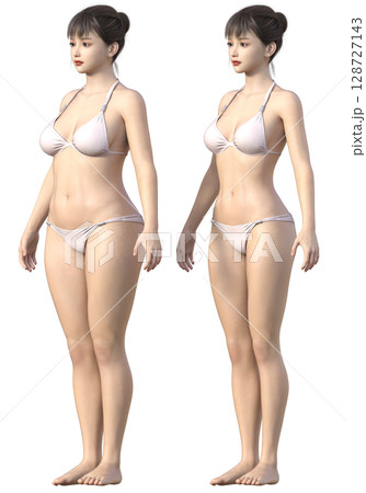 ダイエットのビフォーアフター 太った女性と痩せた女性の全身正面 斜め前の比較イラスト 3Dモデル 128727143