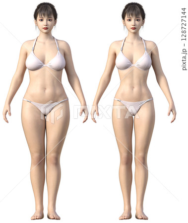 ダイエットのビフォーアフター 太った女性と痩せた女性の全身正面の比較イラスト 3Dモデル ダイエットのビフォーアフター 太った女性と痩せた女性の全身正面の比較イラスト 3Dモデル 128727144