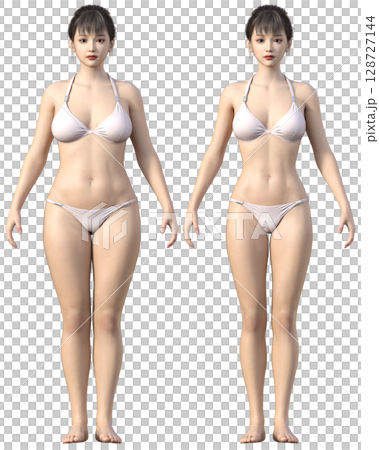 節食前後對比圖。胖女人和瘦女人的全身正面對比圖。 3D模型。 128727144