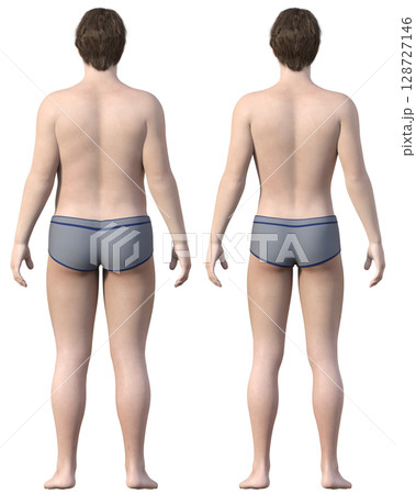 ダイエットのビフォーアフター 太った男性と痩せた男性の後ろ姿の比較イラスト 3Dモデル 128727146