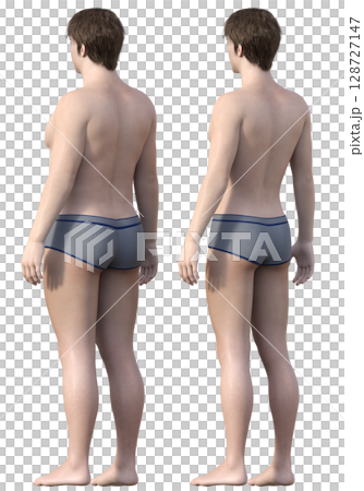 節食前後對比圖。胖男人和瘦男人的全身斜後視對比圖。 3D模型。 128727147
