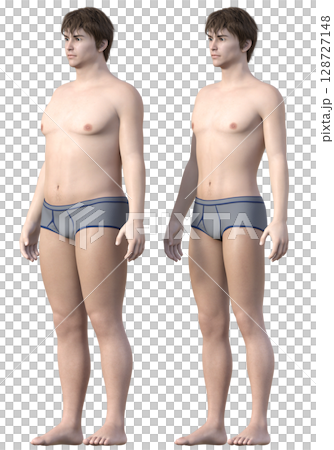 Before and after dieting. Full-body front and diagonal front comparison illustration of a fat man and a thin man. 3D model. 128727148