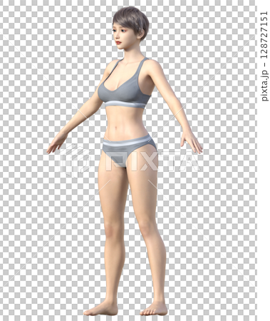 Slim and thin woman, full body front, diagonal front 3D illustration, diet before and after image 128727151