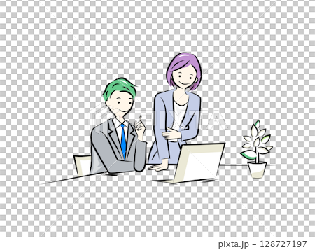 商務人士一邊看電腦一邊開會 | 商業插畫系列 128727197