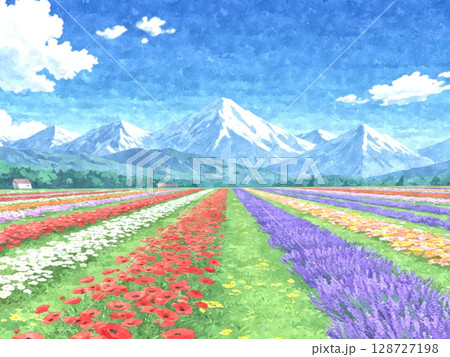北国のラベンダーやポピーの花畑が広がる水彩画 128727198