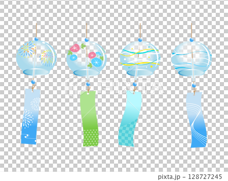 夏の風物詩 風鈴のイラスト素材セット（花火・朝顔・波模様） 128727245