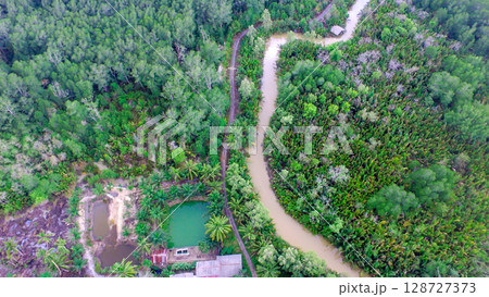Aerial View of Aquaculture Ponds and Curving River in Dense Mangrove Forest Aerial View of Aquaculture Ponds and Curving River in Dense Mangrove Forest 128727373