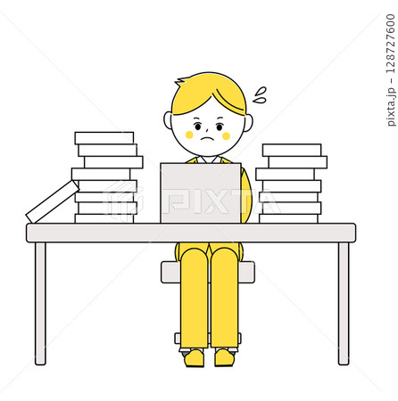 たくさんの仕事に囲まれて頑張るビジネスマンのイラスト 128727600
