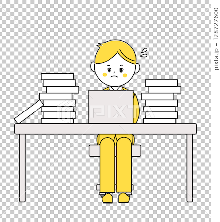 たくさんの仕事に囲まれて頑張るビジネスマンのイラスト 128727600
