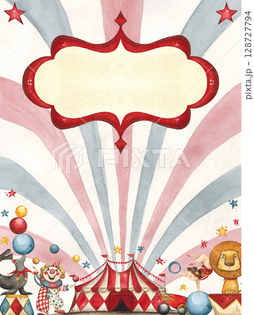 Colorful poster, circus, animals and performers on a striped background Colorful poster, circus, animals and performers on a striped background 128727794