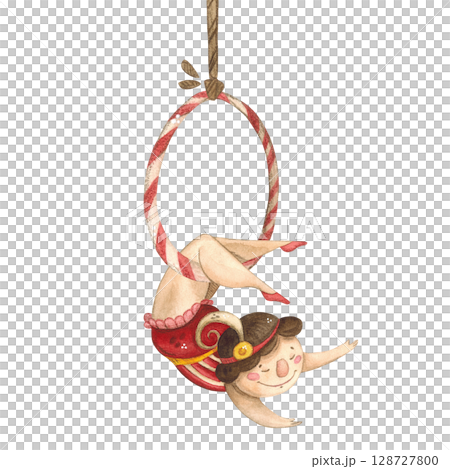 A girl in a beautiful retro circus costume with dark hair hangs in the air on a ring 128727800