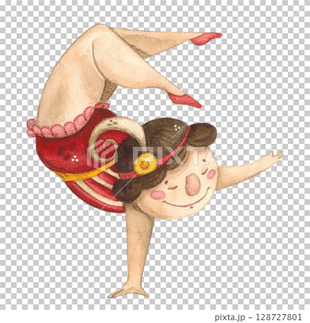 A girl gymnast in a red suit with dark hair stands on her arm watercolor illustration 128727801