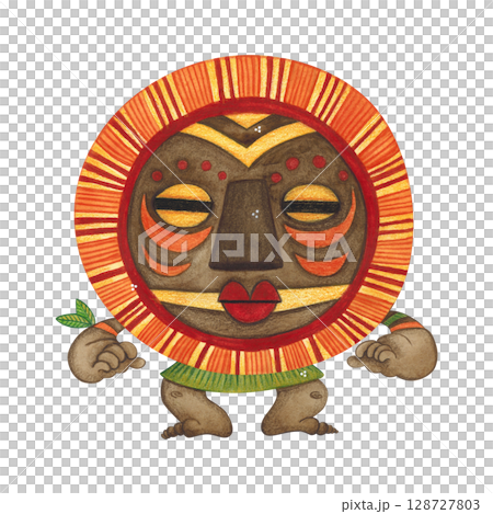 Crouching African aborigine in a brown round mask with orange fringe. Watercolor illustration, hand drawn, cartoon. Drawing for poster, stickers, print. Africa, mask, funny, character Crouching African aborigine in a brown round mask with orange fringe. Watercolor illustration, hand drawn, cartoon. Drawing for poster, stickers, print. Africa, mask, funny, character 128727803