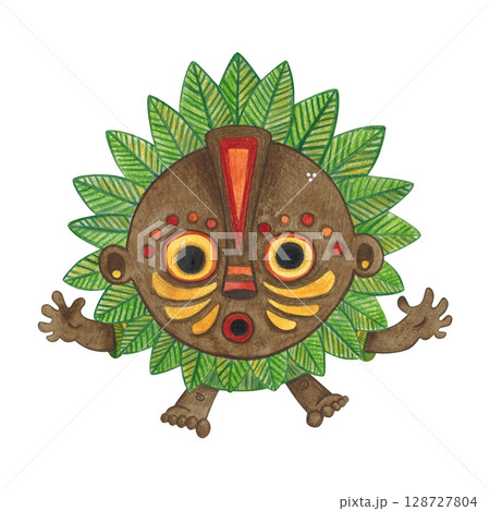 Jumping african aborigine in brown round mask with green leaves frame with arms outstretched. Watercolor hand drawn illustration, cartoon. Drawing for poster, stickers, print. Africa, mask, funny 128727804