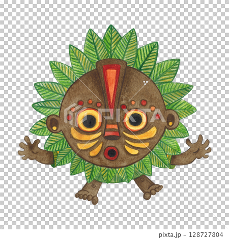 Jumping african aborigine in brown round mask with green leaves frame with arms outstretched. Watercolor hand drawn illustration, cartoon. Drawing for poster, stickers, print. Africa, mask, funny 128727804
