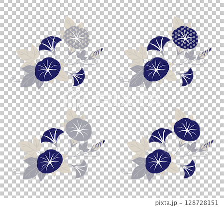 Elegant morning glory plant illustration collection (dark blue x soft gray, Japanese-style summer material) 128728151