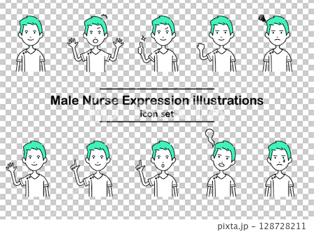 Stock Illustration: Vector icon set of a green-haired male nurse expressing emotions 128728211