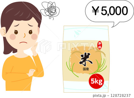 米の値上げに困る女性 5kgの米 米の値上げに困る女性 5kgの米 128728237
