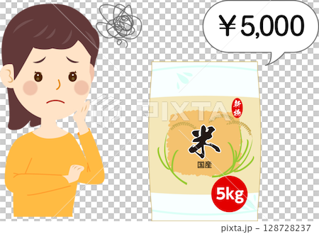 米の値上げに困る女性 5kgの米 米の値上げに困る女性 5kgの米 128728237