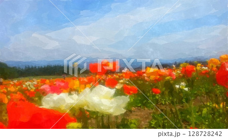 夏の高原に咲き乱れるポピーの花畑の水彩画 128728242