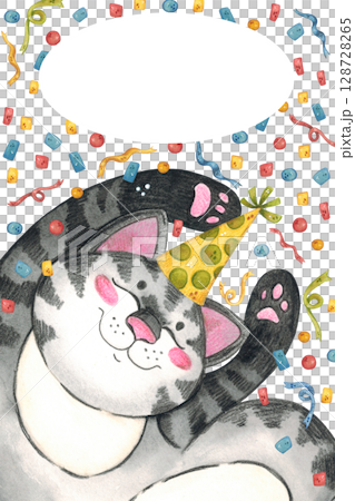 Watercolor birthday card with a gray cat in a hat among the confetti Watercolor birthday card with a gray cat in a hat among the confetti 128728265