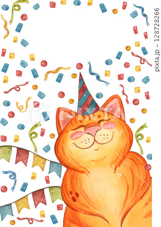 Watercolor birthday card with a red cat in a hat among the confetti 128728266