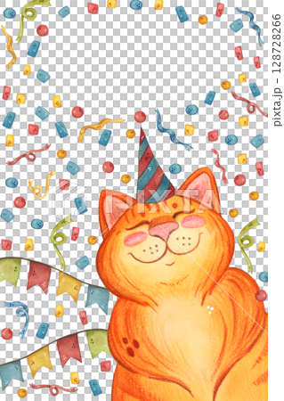 Watercolor birthday card with a red cat in a hat among the confetti 128728266