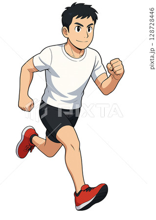 ランニングする若い男性のイラスト、白Tシャツで走る元気な若者、スポーツウェア姿でジョギングする青年 ランニングする若い男性のイラスト、白Tシャツで走る元気な若者、スポーツウェア姿でジョギングする青年 128728446