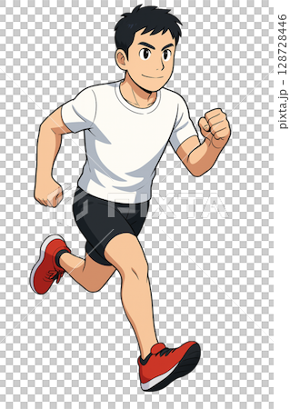 ランニングする若い男性のイラスト、白Tシャツで走る元気な若者、スポーツウェア姿でジョギングする青年 ランニングする若い男性のイラスト、白Tシャツで走る元気な若者、スポーツウェア姿でジョギングする青年 128728446
