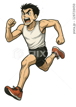 迫力ある表情で走る若者の劇画風イラスト、全力疾走する熱血ランナーの一瞬、気合いを込めて走るトレーニン 128728450