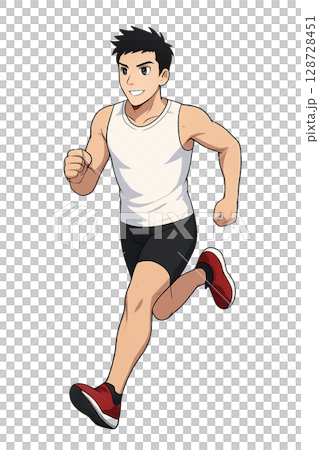 笑顔でランニングを楽しむ若者のイラスト、健康的に走るスポーツマンの姿、日常に運動を取り入れるライフス 128728451