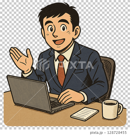 A businessman explaining while operating a computer, a young man in a suit giving guidance at an online conference, an off-duty man giving a presentation with a smile 128728455