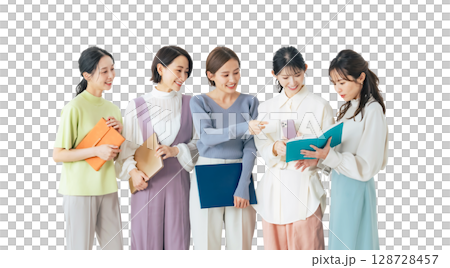 A group of middle-aged women having a meeting. A transparent photo PNG with a precisely cut background by hand. 128728457