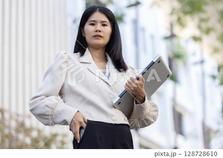 Future remote work combines technology smart phone connection online white digital business woman enable e-learning productivity while travel blend comfort modern devices serenity computer equipment 128728610