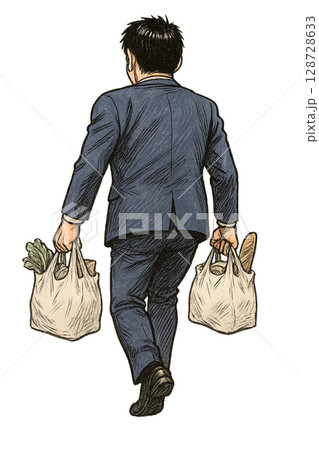 両手に買い物袋を下げて帰路につくビジネスマン、仕事帰りに家庭の買い物を担うスーツ姿の後ろ姿、劇画タッ 128728633