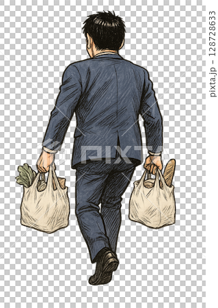 両手に買い物袋を下げて帰路につくビジネスマン、仕事帰りに家庭の買い物を担うスーツ姿の後ろ姿、劇画タッ 128728633