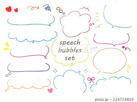 手書き風ふきだしセット　ベクター　カラフル 128728859