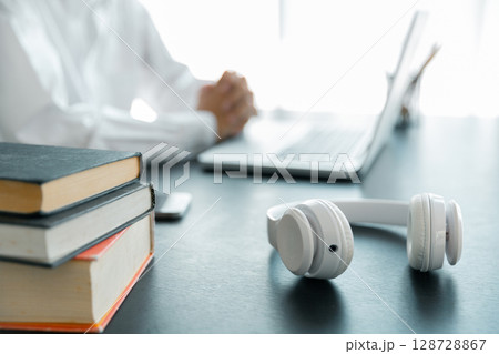 Education concept, learning and teaching with technology, e learning, teaching skills, digital online knowledge, cyberspace global, blur background banner white. hand playing laptop on desk indoor. 128728867