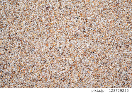 sandy texture of sand on beach by sea close up. Background with a natural sandy pattern in coast 128729236