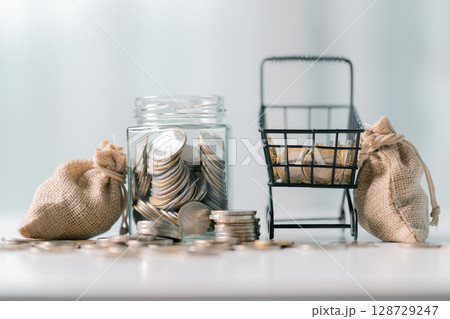 Business save money coin growth concept involves strategic financial management investment loan bank real estate economic development encourage buy income stack investment economy return accountancy 128729247