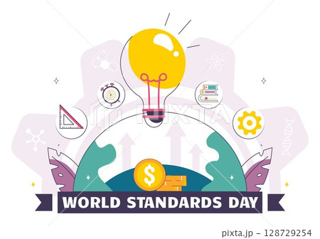 World Standards Day Vector Illustration on October 14 featuring a Globe, Stopwatch, Ruler Scale, and Quality Board in a Flat Style Cartoon Background 128729254