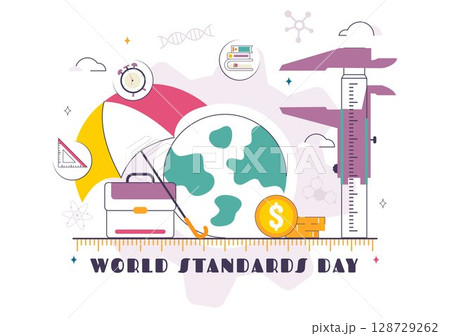 World Standards Day Vector Illustration on October 14 featuring a Globe, Stopwatch, Ruler Scale, and Quality Board in a Flat Style Cartoon Background 128729262