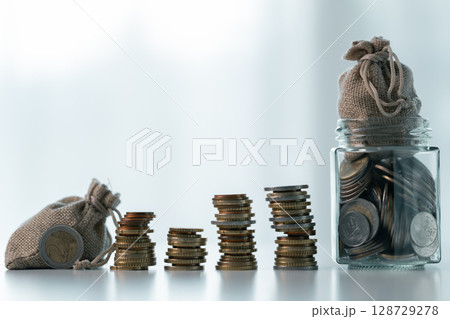 Business save money coin growth concept involves strategic financial management investment loan bank real estate economic development encourage buy income stack investment economy return accountancy 128729278