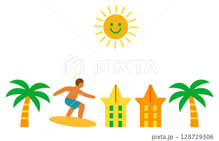太陽の下でサーフィンを楽しむ男性のポップでカラフルな夏のイラストセット 太陽の下でサーフィンを楽しむ男性のポップでカラフルな夏のイラストセット 128729306